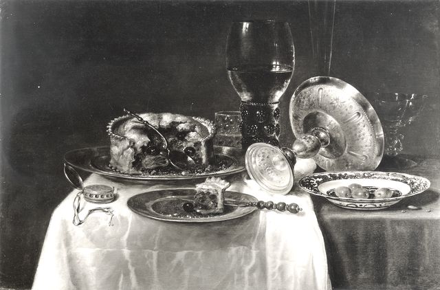 Anonimo — Heda Willem Claesz. - sec. XVII - Natura morta con pasticcio, coppa, calici, piatto di olive e orologio — insieme
